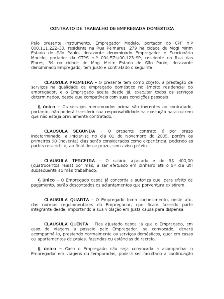 Modelo De Contrato De Trabalho Do Empregado Domestico - Vários Modelos