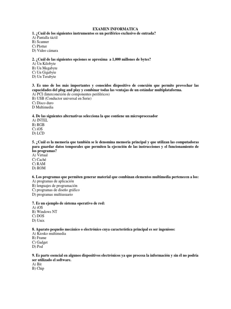 Examen de Informática: Preguntas y Respuestas | PDF | Hardware de la ...