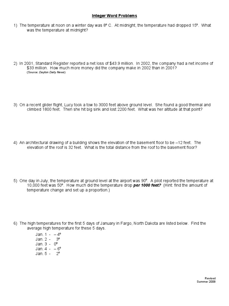Integer Word Problems - 