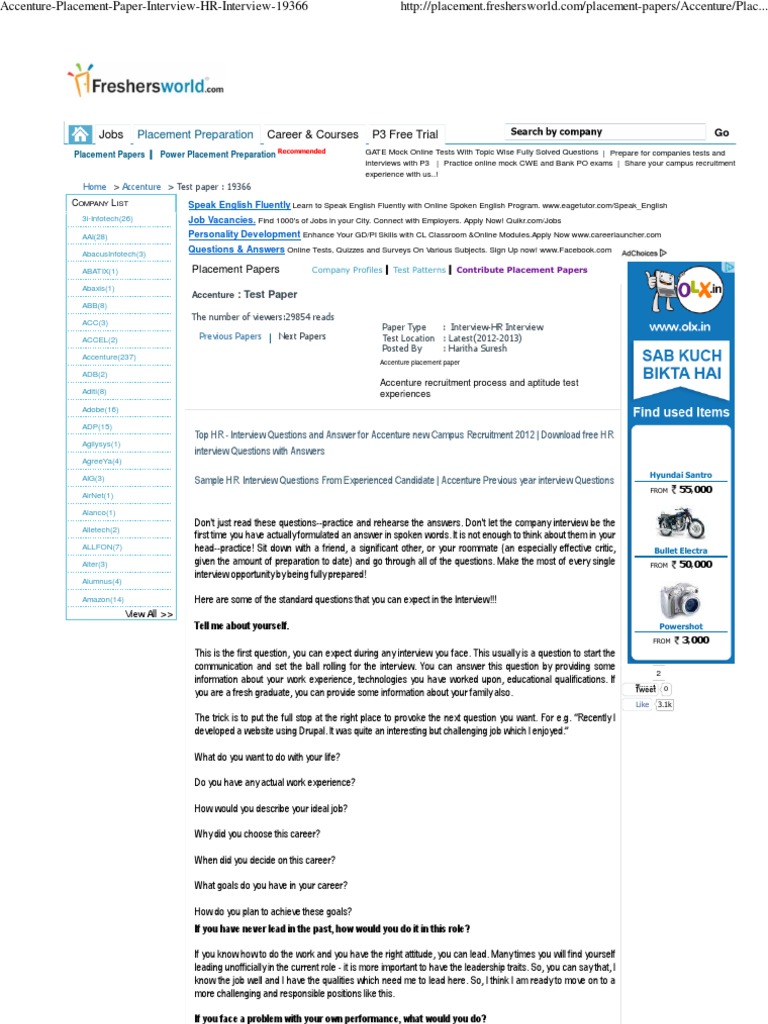 Accenture Placement Paper Interview HR Interview 19366 | PDF ...