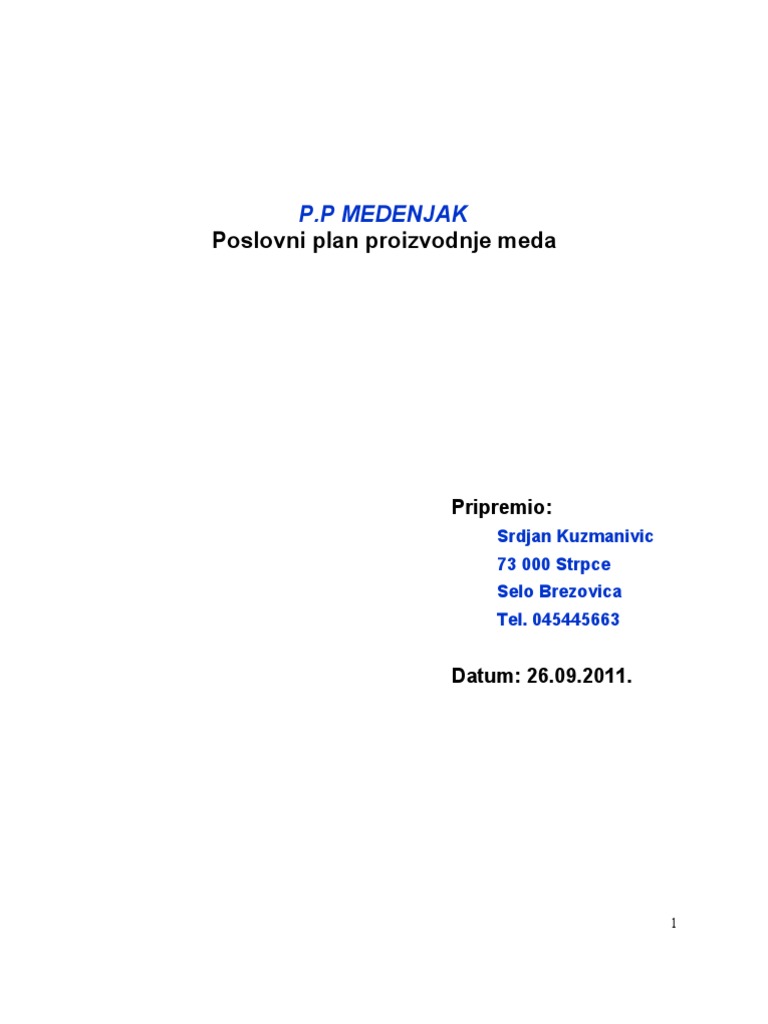 Poslovni Plan Proizvodnje Meda | PDF