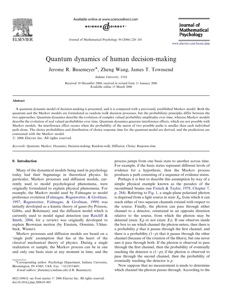 Quantum Dynamics Of Human Decision Making Pdf Markov Chain