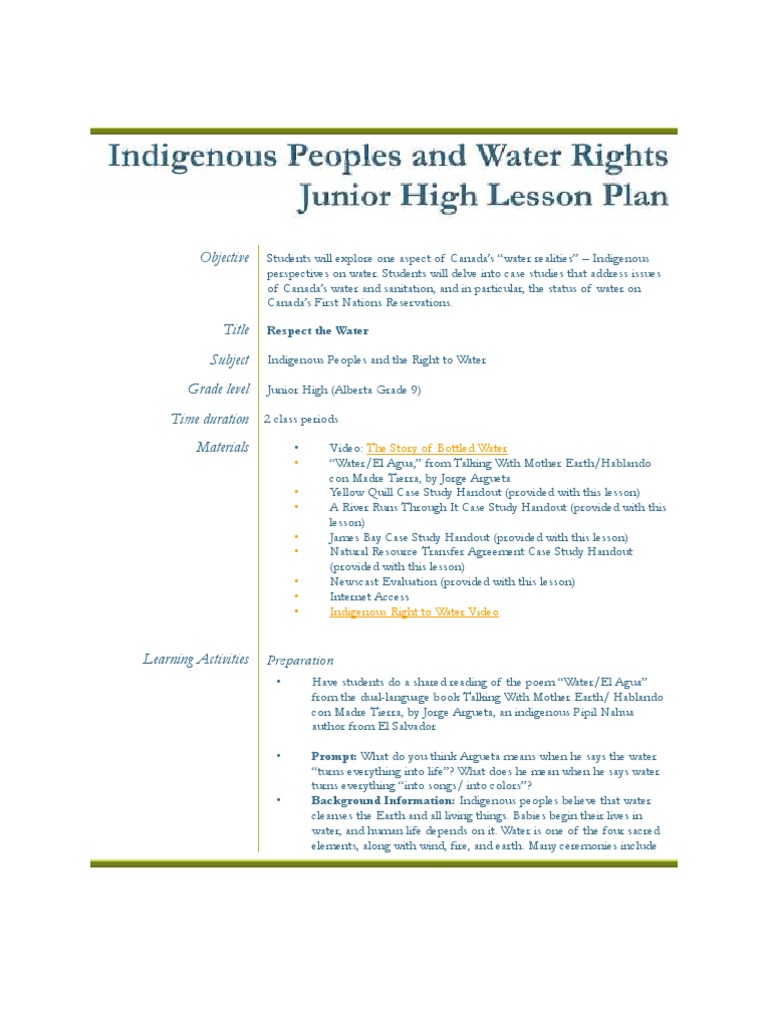 Indigenous Peoples and Water RightsJunior High Learning Guide | PDF ...