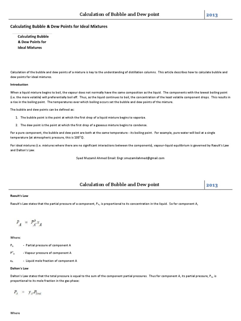 Calculation of Bubble and Dew Point Nature Physical Quantities