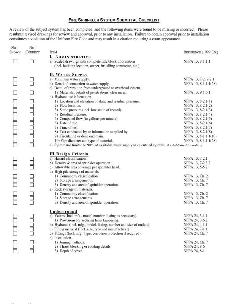 Nfpa Fire Sprinkler System Checklist