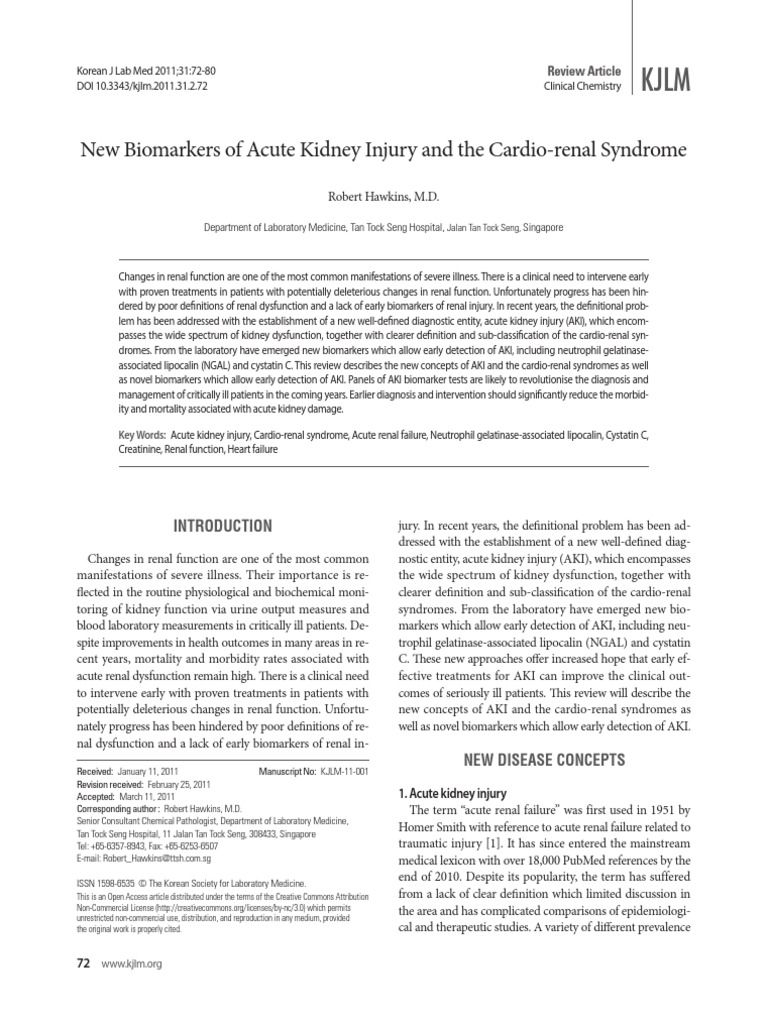New Biomarkers of Acute Kidney Injury and The Cardio-Renal Syndrome ...