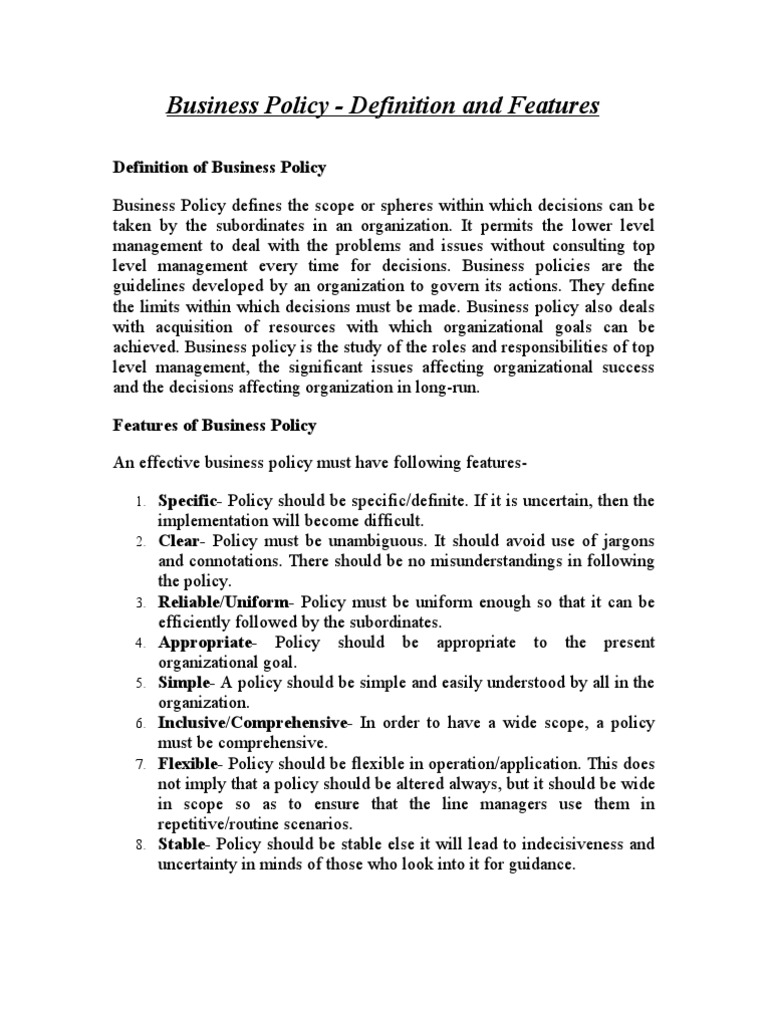 Business Policy Definition and Features Swot Analysis