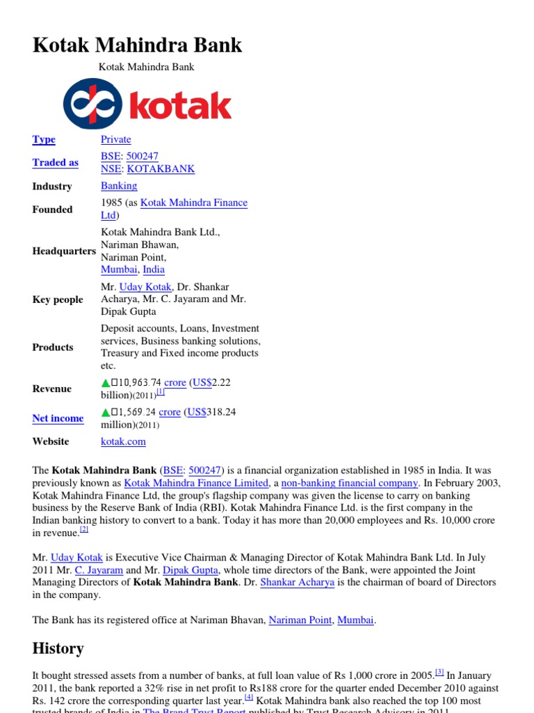 Kotak Mahindra Bank | PDF | Securities (Finance) | Banks