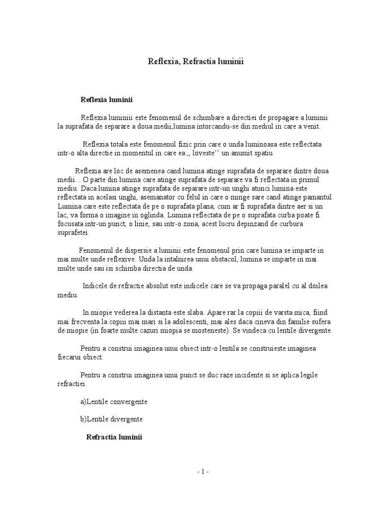 Reflexia Luminii - Refractia Luminii | PDF
