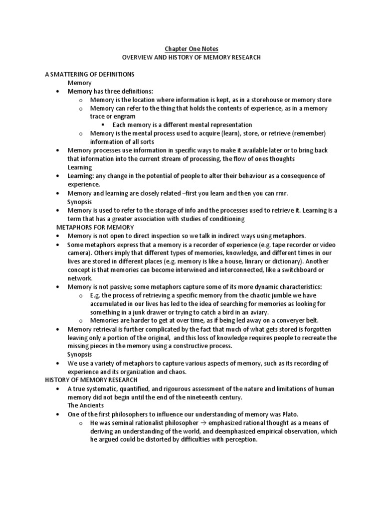 Human Memory 2nd Edition (Radvansky) - Chapter One Notes | PDF | Memory ...