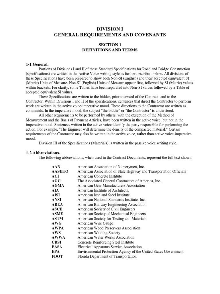 Division I General Requirements and Covenants Section 1 Definitions