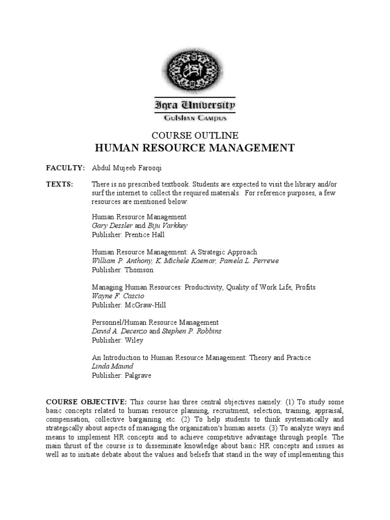 Human resource management course outline pdf image