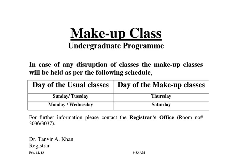 Make-up Class Schedule for Undergraduates | PDF