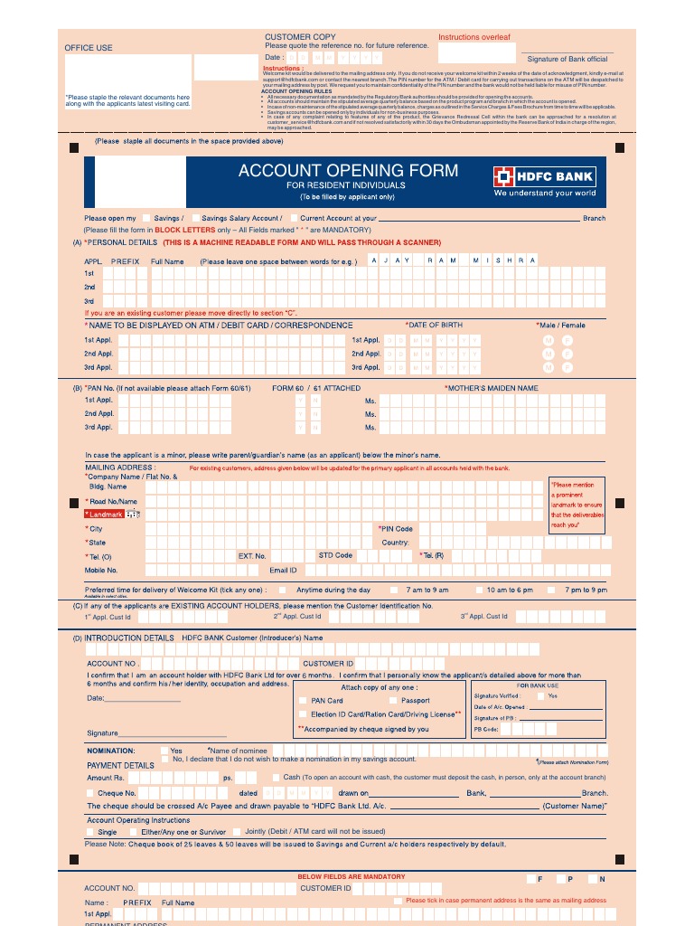 Saving Account Opening Form in HDFC Bank For Resident India | PDF ...