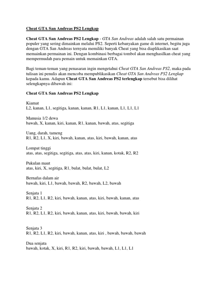 Cheat Gta San Andreas Ps2 Lengkap