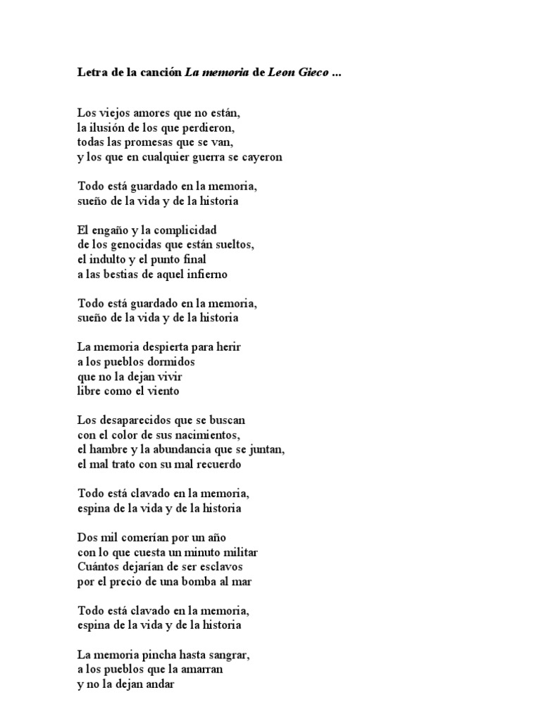 Letra de La Canción La Memoria Leon Gieco PDF
