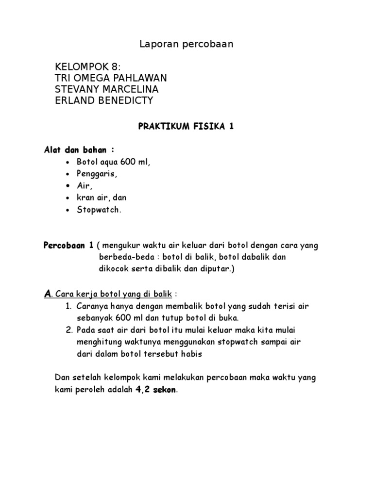 Laporan Percobaan Botol Aqua