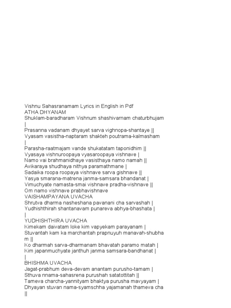 Vishnu Sahasranamam Lyrics in English in PDF | Indian Religious Texts