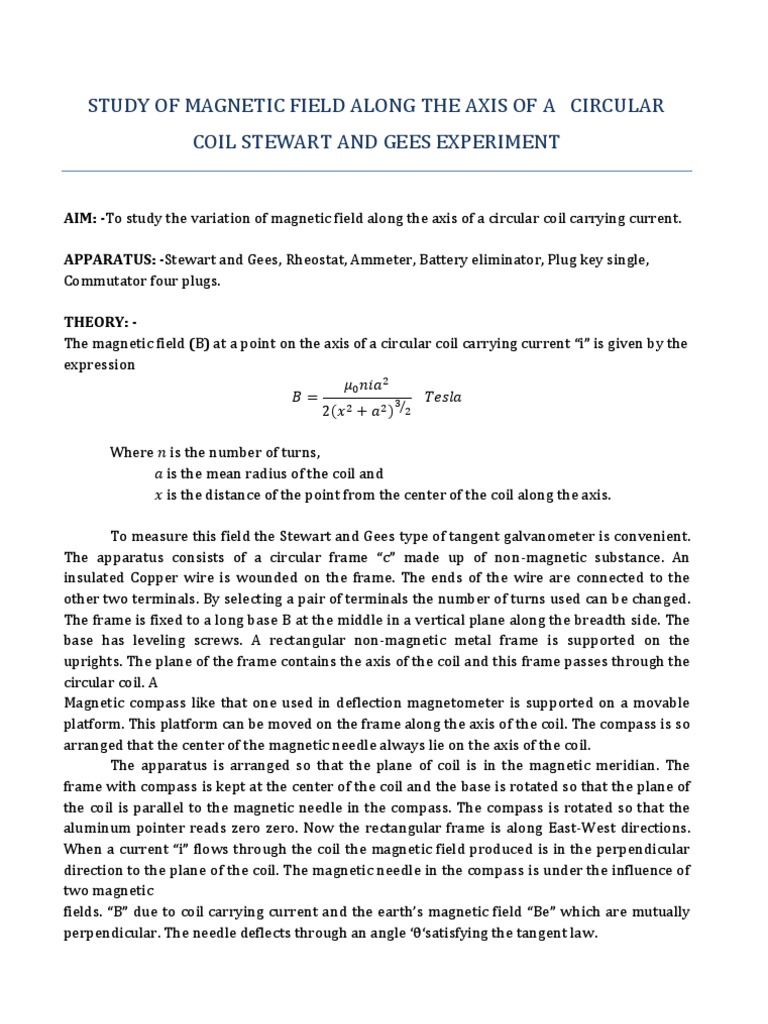 Study Of Magnetic Field Along The Axis Of A Circular Coil Stewart And Gees Experiment Magnetometer Physics