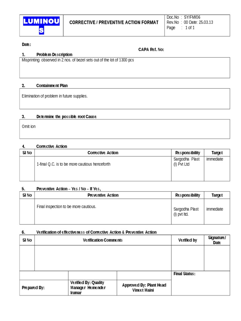 CAPA Format for Misprinting Issues | PDF