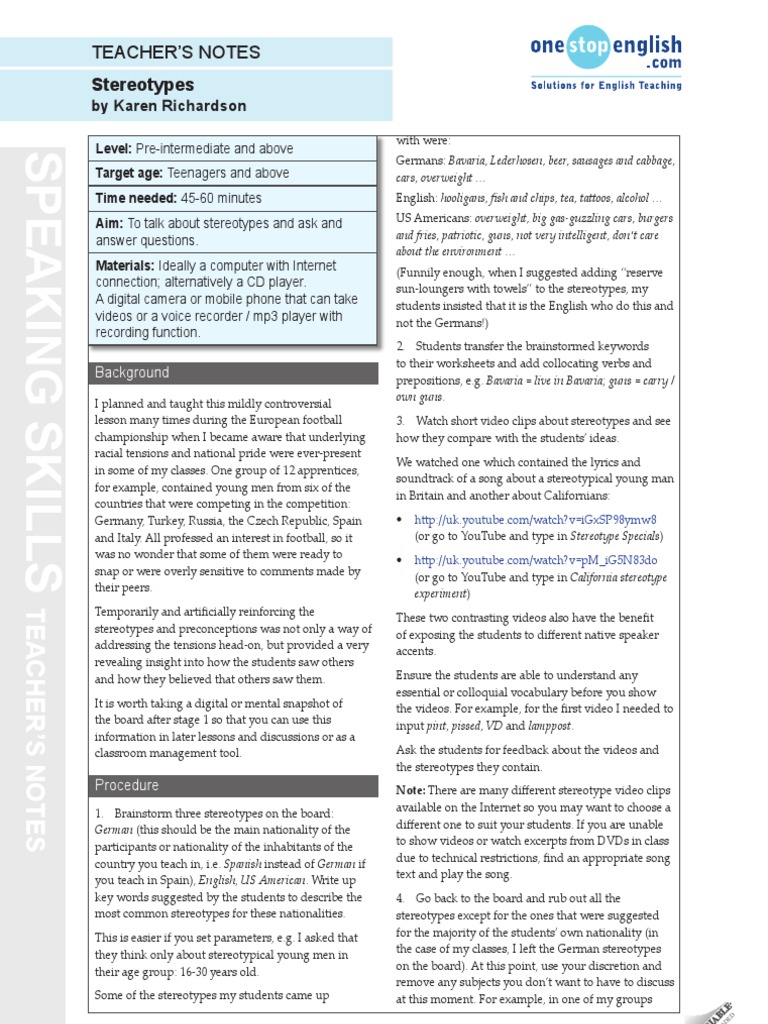 Stereotypes: Teacher'S Notes | PDF | Language Arts & Discipline ...