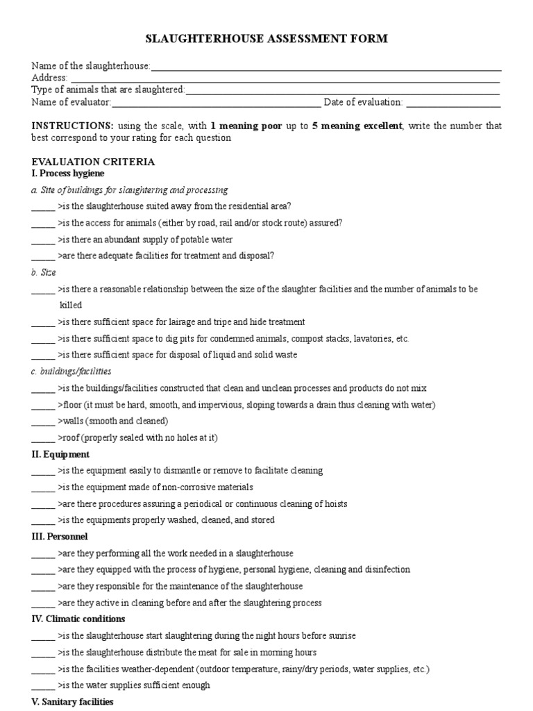 Slaughterhouse Assessment Form PDF Slaughterhouse Hygiene