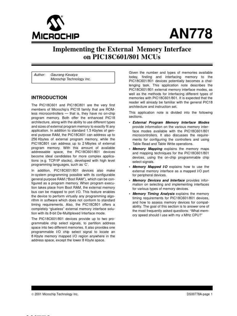 (AN778) Implementing External Memory Interface On PIC18C601,801 PDF ...