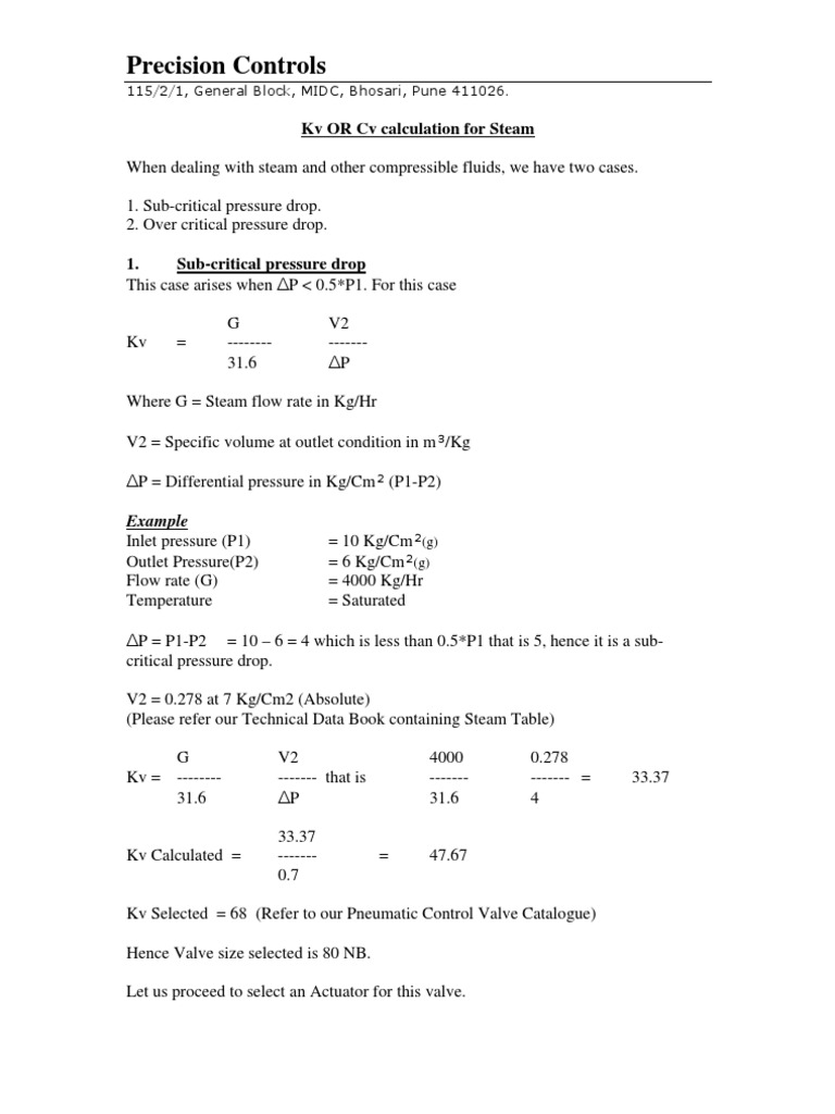 KV or CV Calculation For Steam PDF Valve Actuator