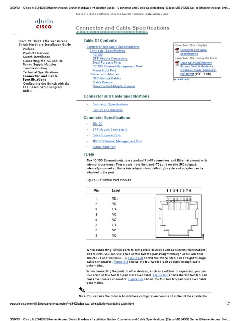 Cisco ME 3400E Ethernet Access Switch Hardware Installation Guide -  Connector and Cable Specifications [Cisco ME 3400E Series Ethernet Access  Switches] ...