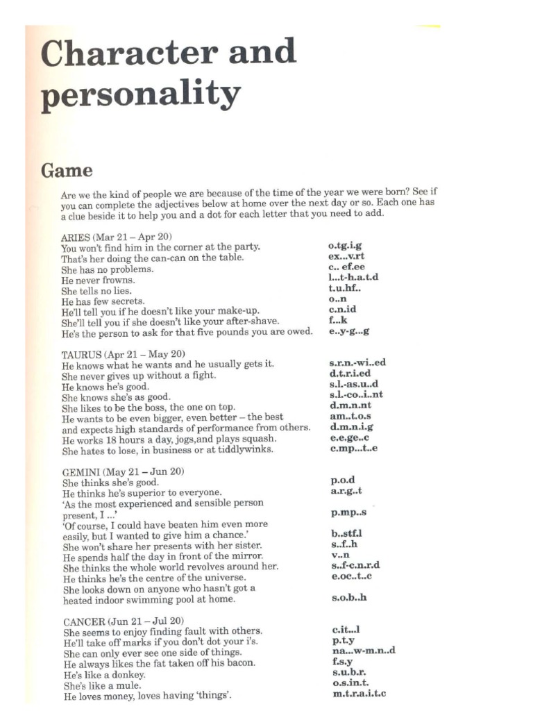 Character And Personality Vocabulary Sheet Heinemann Wordbuilder