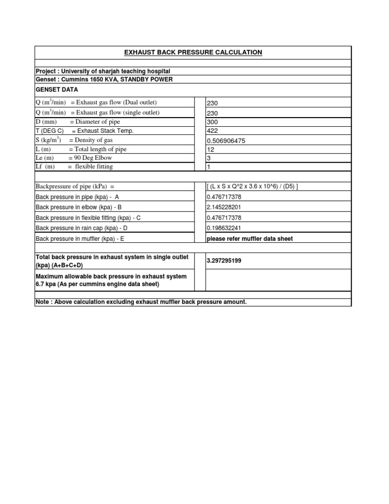 Calculating Exhaust Back Pressure for a Cummins Diesel Generator System