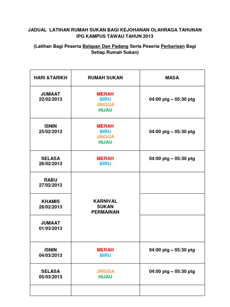 Jadual Latihan Rumah Sukan