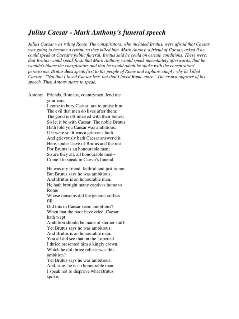 Julius Caesar Mark Anthony's Funeral Speech PDF