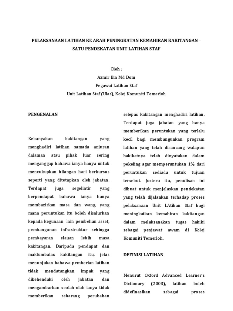 Pelaksanaan Latihan Ke Arah Peningkatan Kemahiran Kakitangan Satu Pendekatan Unit Latihan Staf Pdf