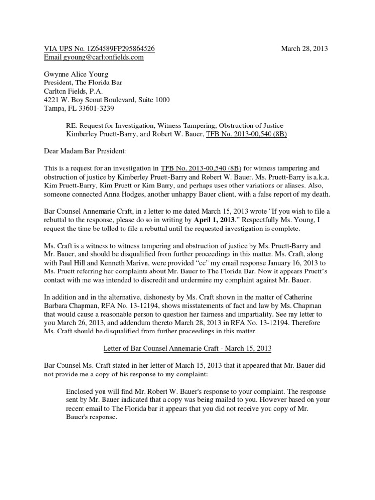 Letter To Florida Bar Pres Gwynne Young, Re Kim Pruett PDF Complaint Lawyer