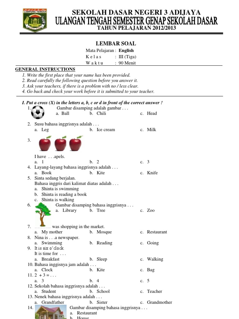 Soal Bahasa Inggris Bergambar Untuk Kelas 3 Sd LEMBAR EDU