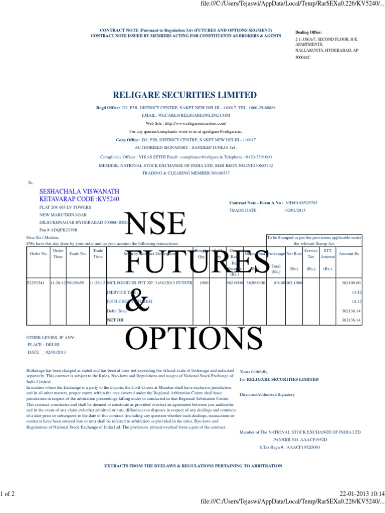 Futures and Options Contract Note | PDF | Law