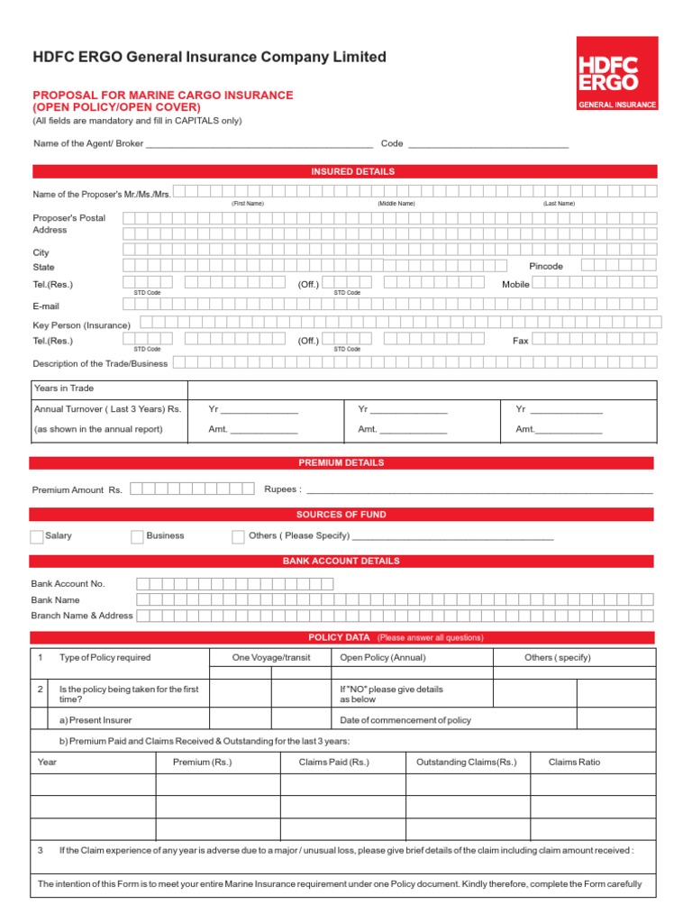 Marine Cargo InsuranceProposal Form Insurance Policy Insurance