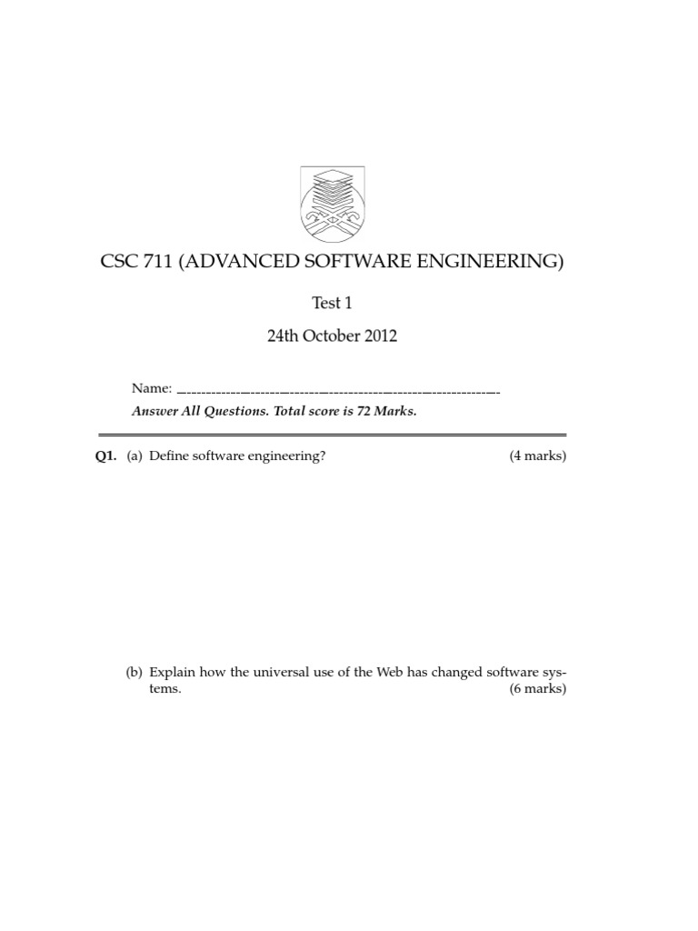 CSC 711 Advanced Software Engineering Test | PDF