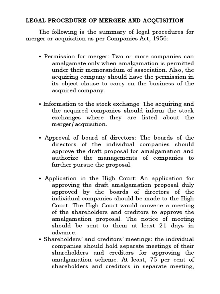 Legal Procedure of Merger and Acquisition | Consolidation (Business ...