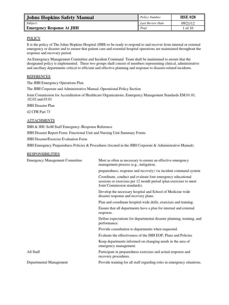 Johns Hopkins Safety Manual HSE 028 Emergency Response at JHH