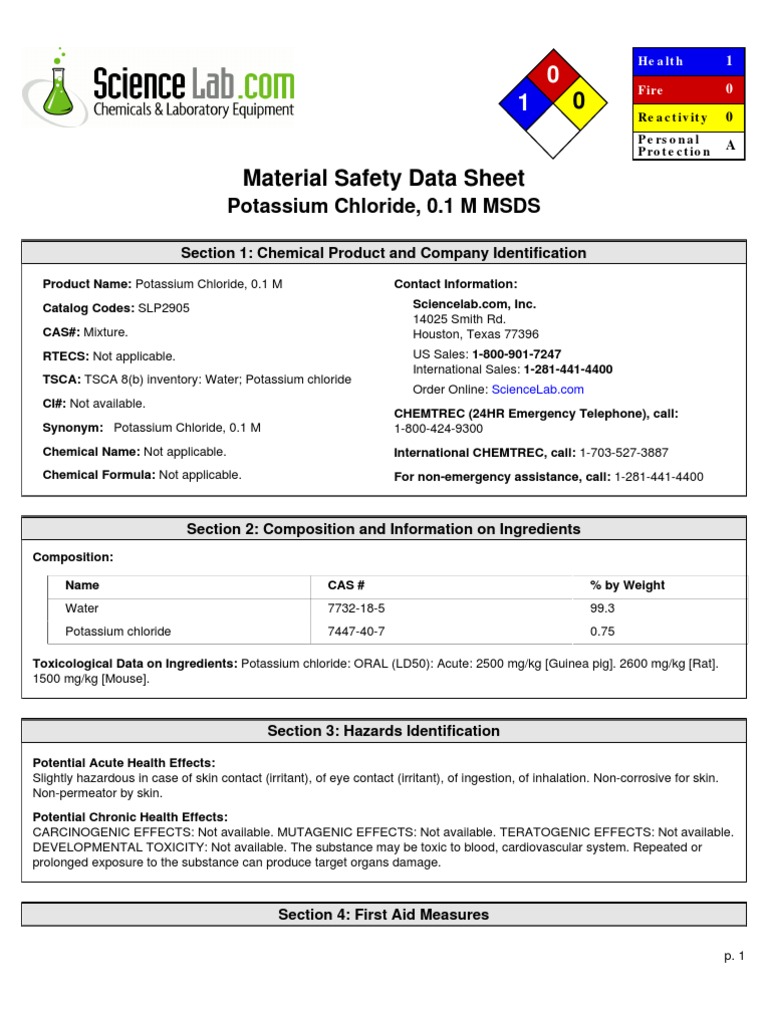 Msds Potassium Chloride 0.1M PDF Toxicity Water
