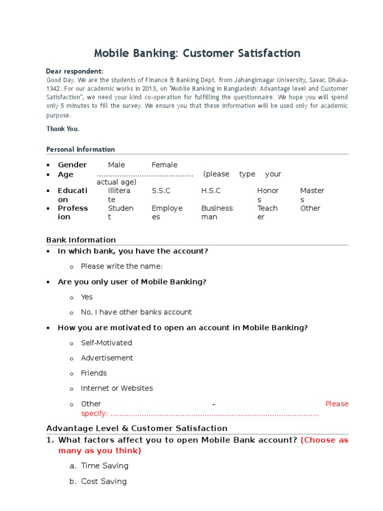 Mobile Banking Questionnaire Customer Satisfaction Banks