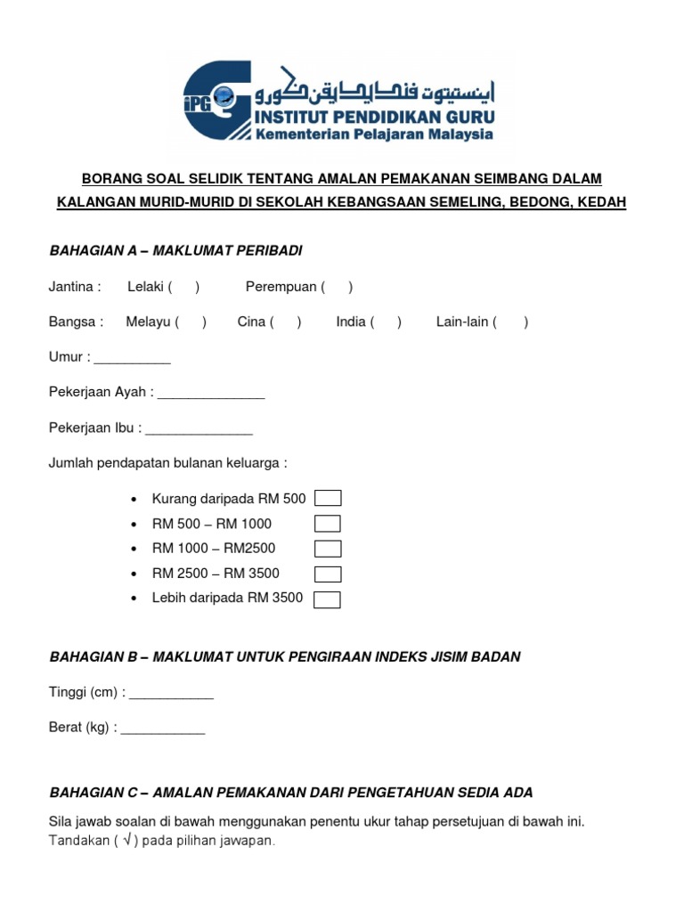 Borang Soal Selidik Tentang Amalan Pemakanan Seimbang Dalam Kalangan Murid