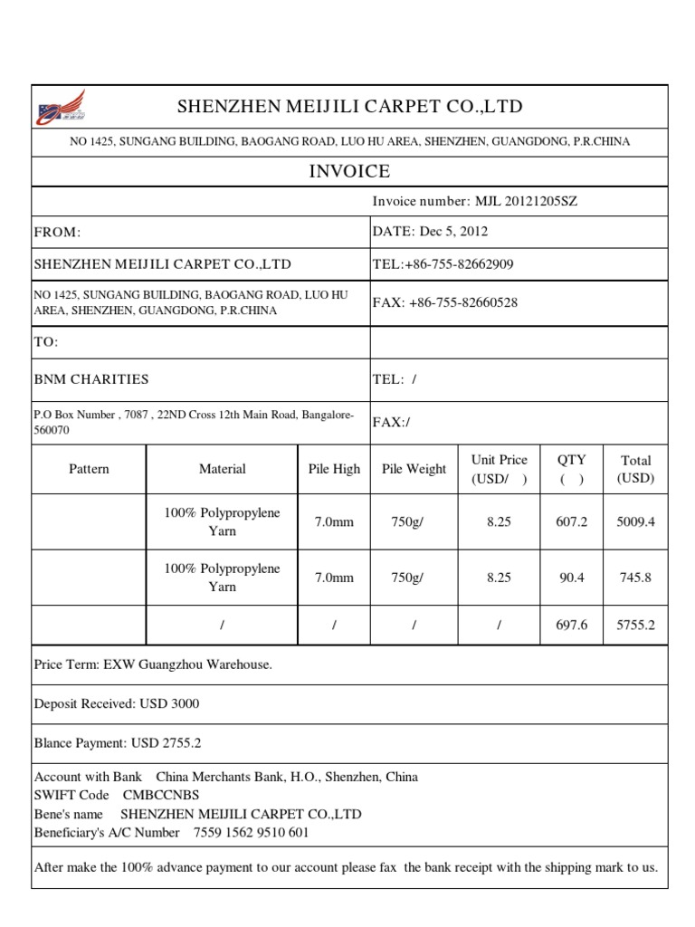 Shenzhen Meijili Carpet Co.,Ltd: Invoice Number | PDF