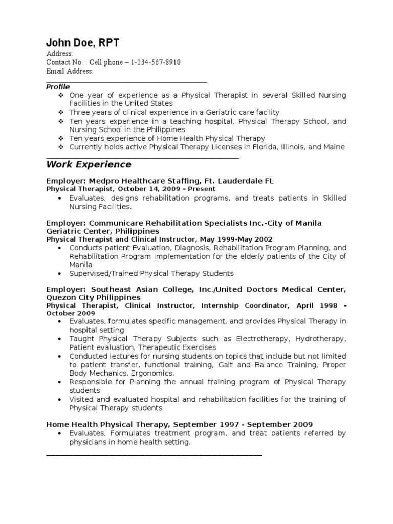 John Doe, RPT: Work Experience | PDF | Physical Therapy | Therapy