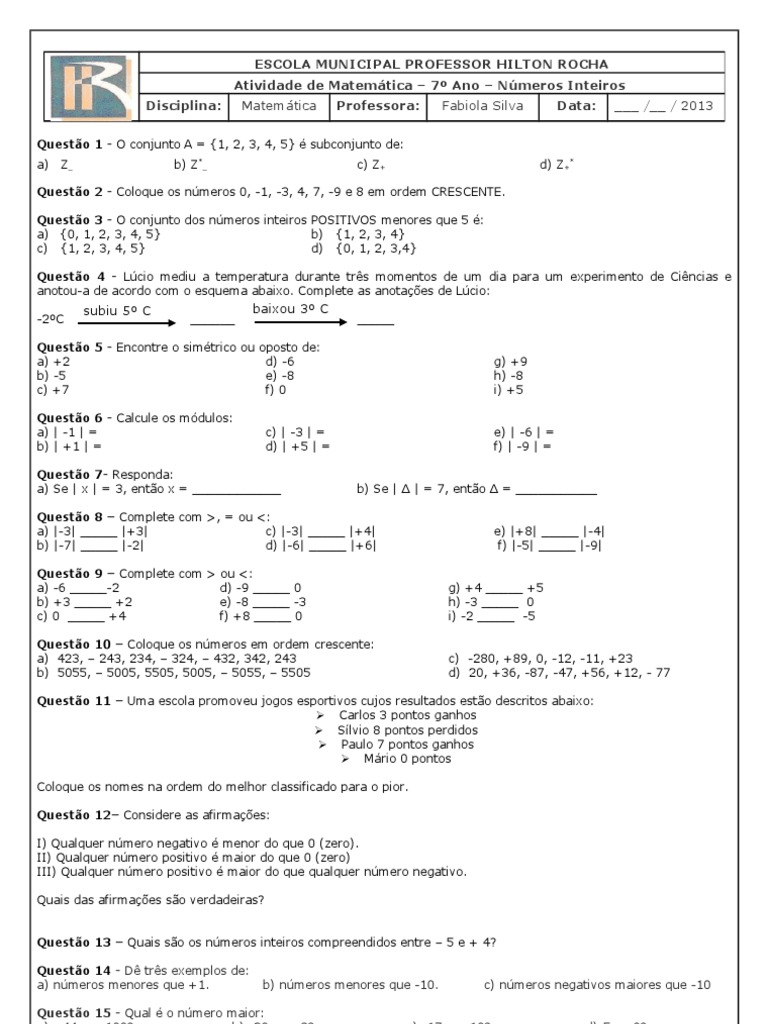 Expressões Numéricas Com Números Inteiros Exercicios 7 Ano Doc