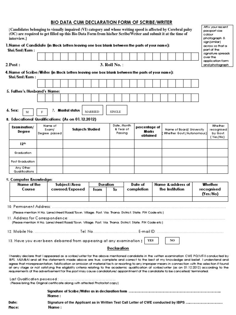 Bio Data Form for Scribe/Writer Submission | PDF | Academic Degree ...