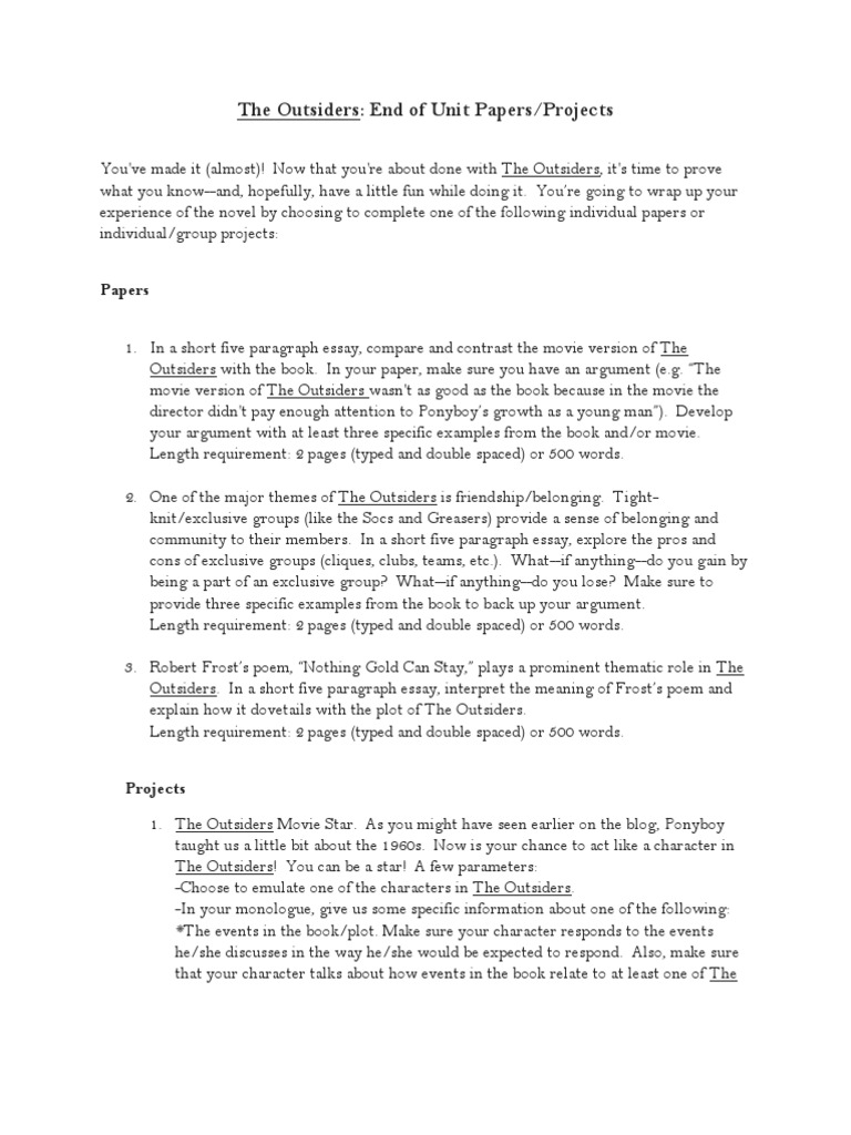 outsiders 5 paragraph essay