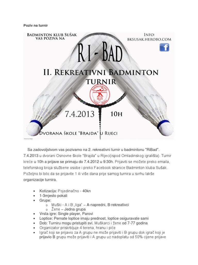 Poziv Na 2 Rekreativni Turnir - RiBad | PDF